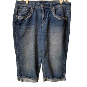 EARL Jean Y2K Women’s Rhinestone Embellished Denim Capris Medium Wash Size 14